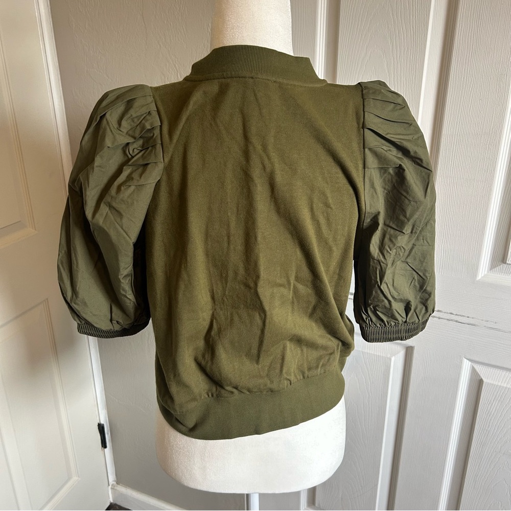 Maeve Anthropologie Olive green Puff Sleeve bomber Jacket top NEW - Picture 6 of 7